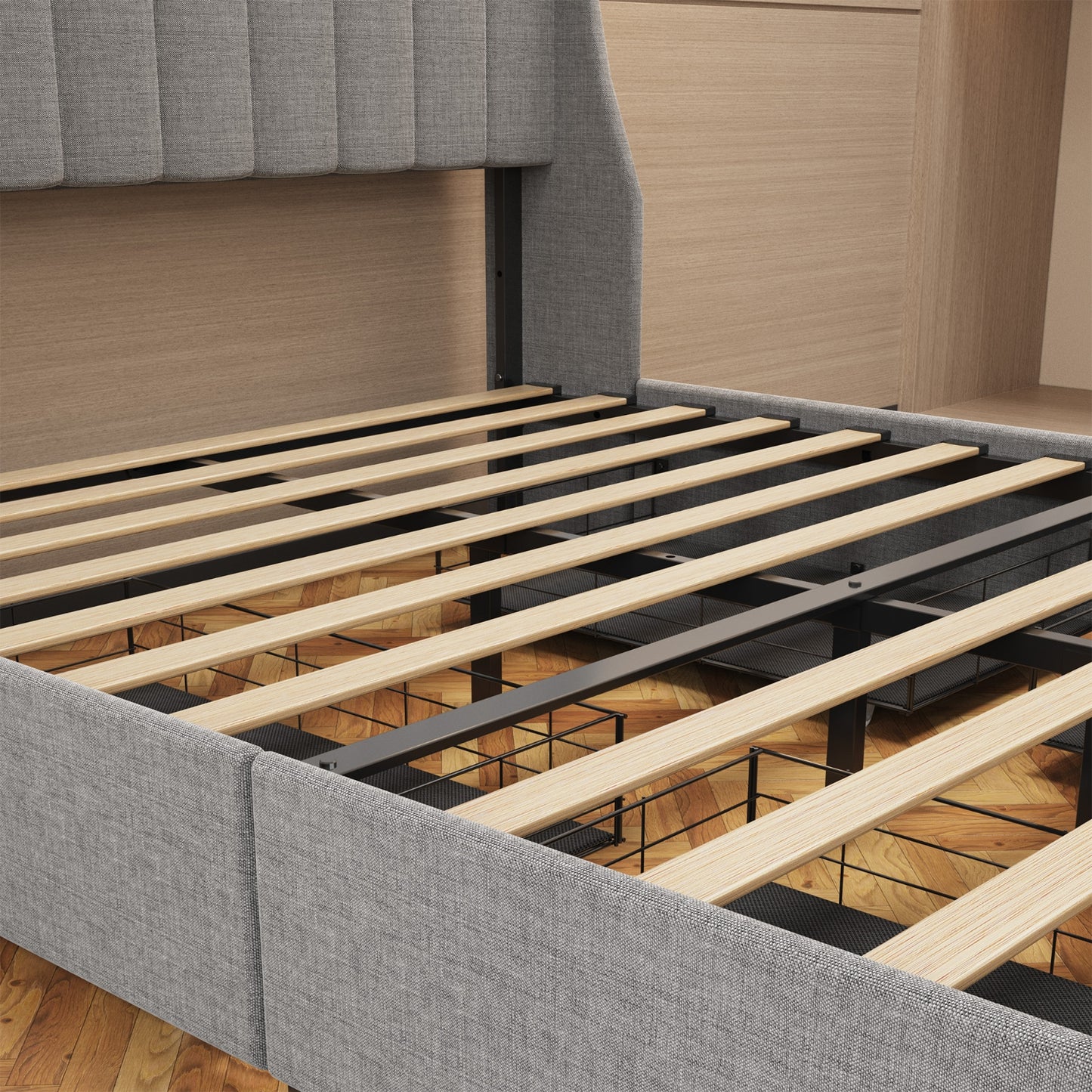 Bettgestell in Queensize mit LED, Stauraum-Schubladen, Flügel-Kopfteil - Hellgrau