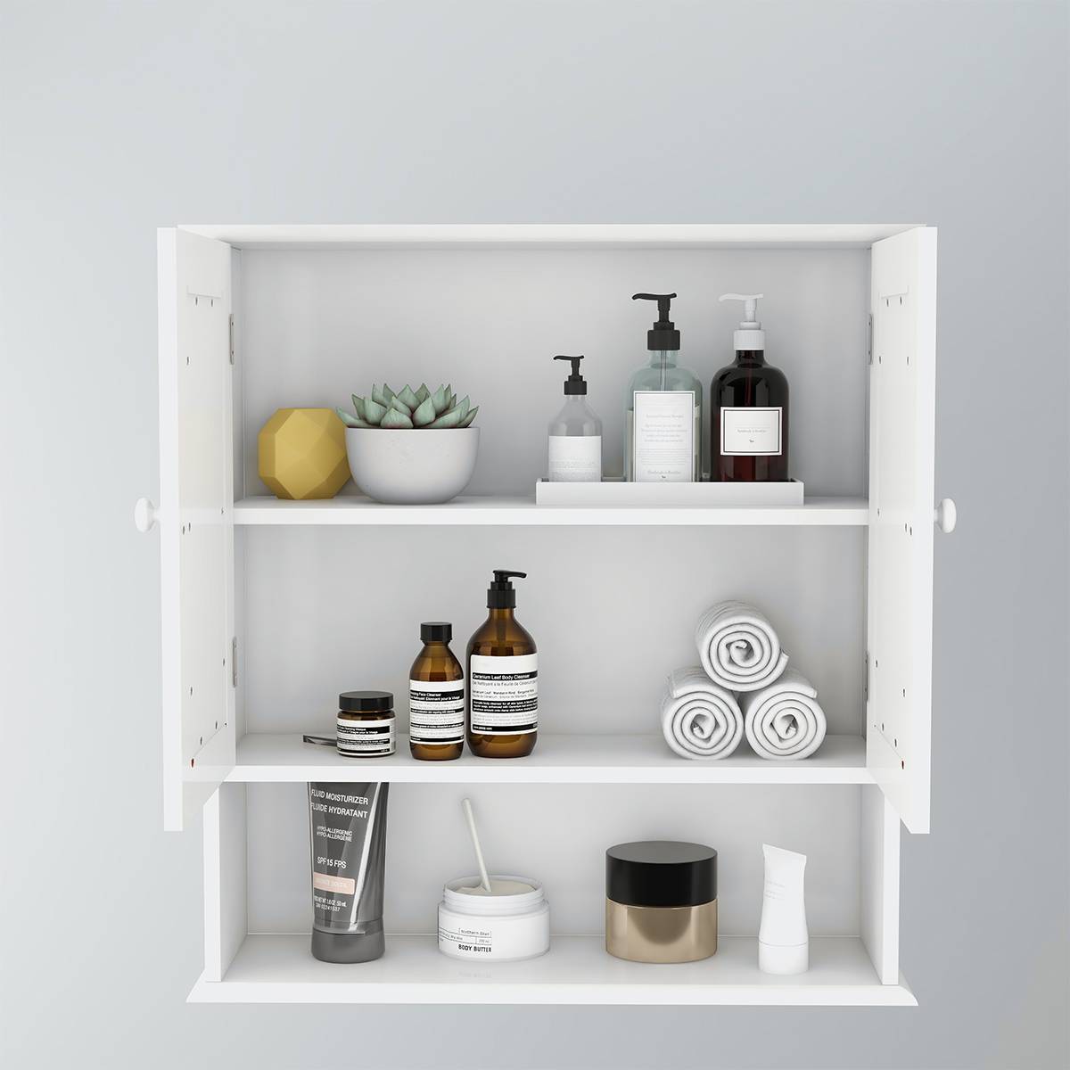 Badezimmerschrank mit Doppelspiegeltüren und Regalen