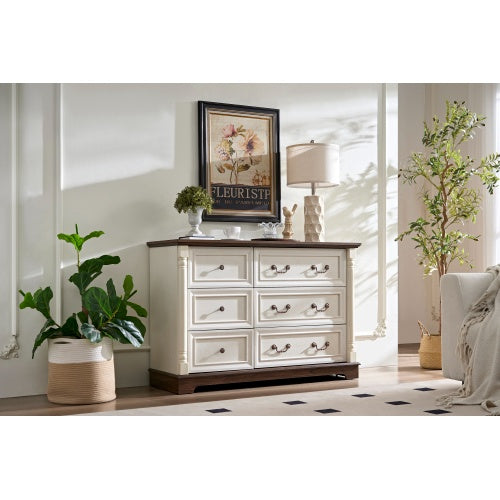 Landhaus-Stil 6-Schubladen-Kommode mit Sockel, Holzschnitzerei rustikale Schubladenkommode, Aufbewahrungskommode für Schlafzimmer, Wohnzimmer, schön robust und langlebig