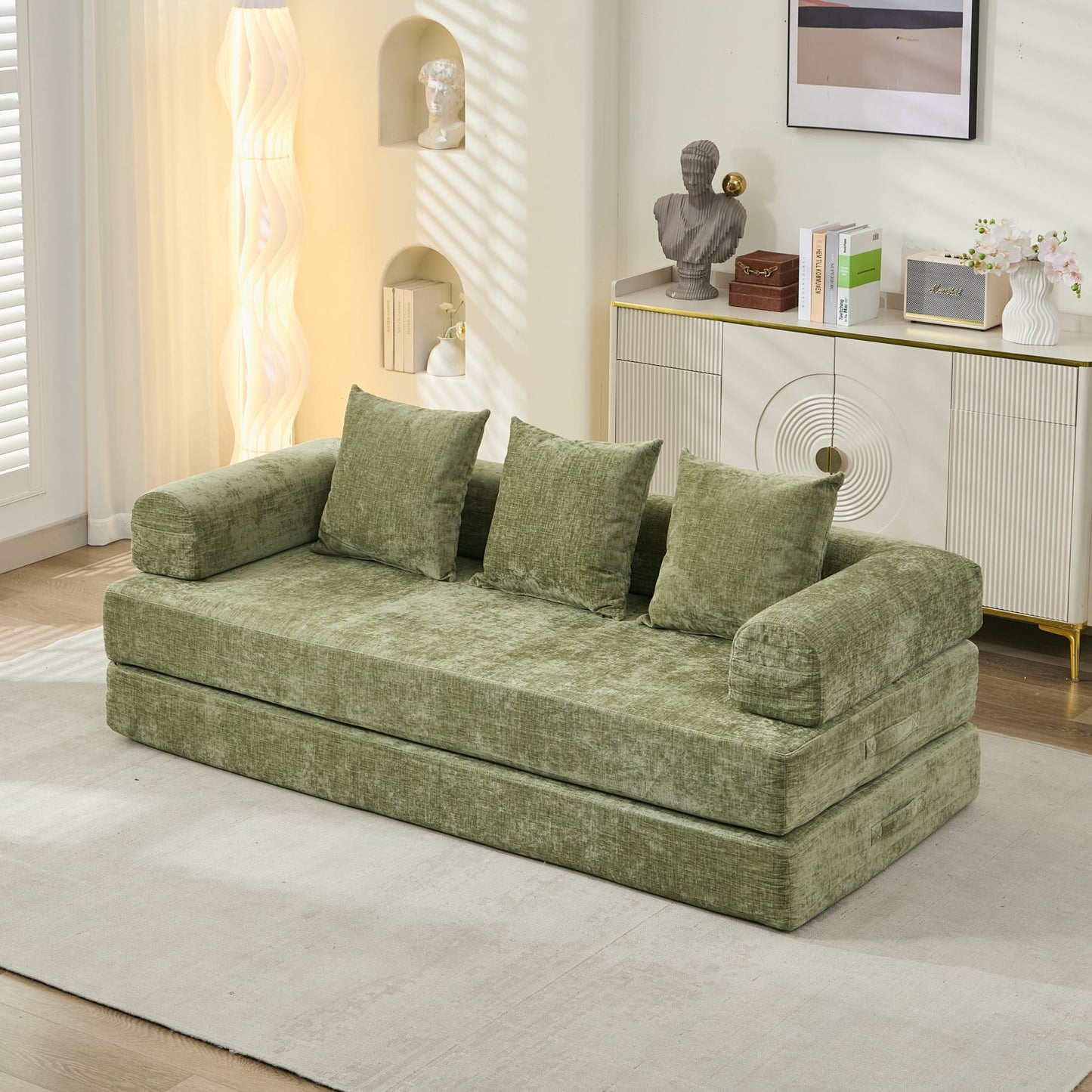 Komfortables umklappbares Matratzen-Sofa, Boden-Sofabett, Chenille-Boden-Sofa mit Armlehnen, Boden-Sofa-Lounge-Couch für Wohnzimmer, Schlafzimmer, Lounge und Studio – Grün