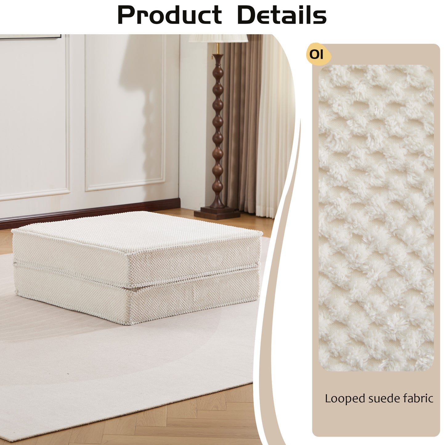 Kompressions-Mahjong-Sofa, umklappbares Boden-Sofabett, DIY knochenloses modulares Sektionssofa, keine Montage erforderlich, Kreis-Fleece-Stoff, 1 Hocker, Weiß