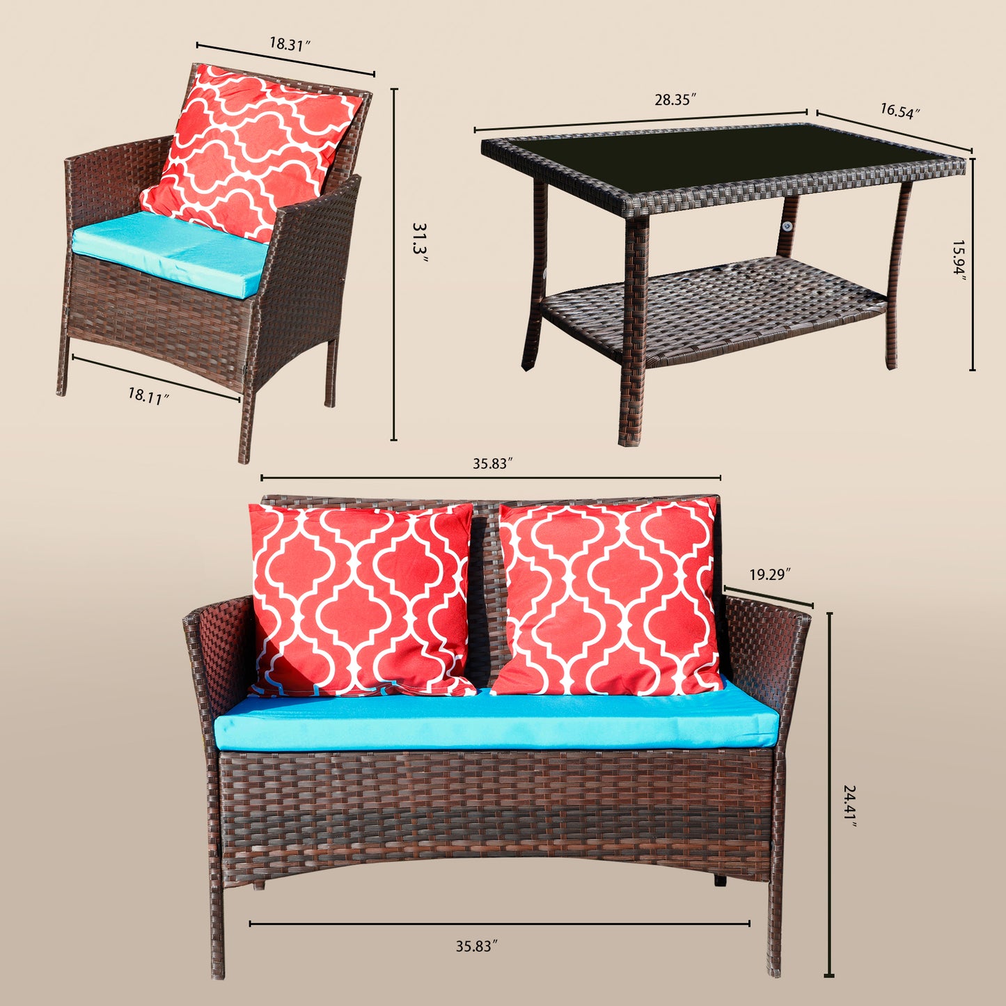 Vierteiliges Sofaset mit Tisch und Sofa-Sessel PE-Rattan Außenmöbel W3152P269436 Kasten 1 mit Saphirblau-farbenen Kissen