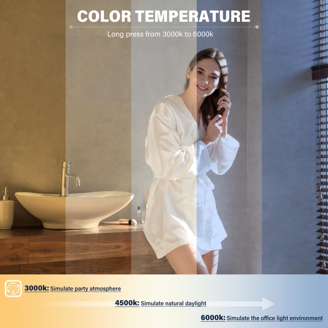 Badezimmerspiegel mit Beleuchtung für die Wand, intelligenter LED-Rahmen, Schminkspiegel über dem Waschbecken, dimmbar, 3 Farbtemperaturen, Anti-Nebel-Funktion, Speicherfunktion, vertikal & horizontal