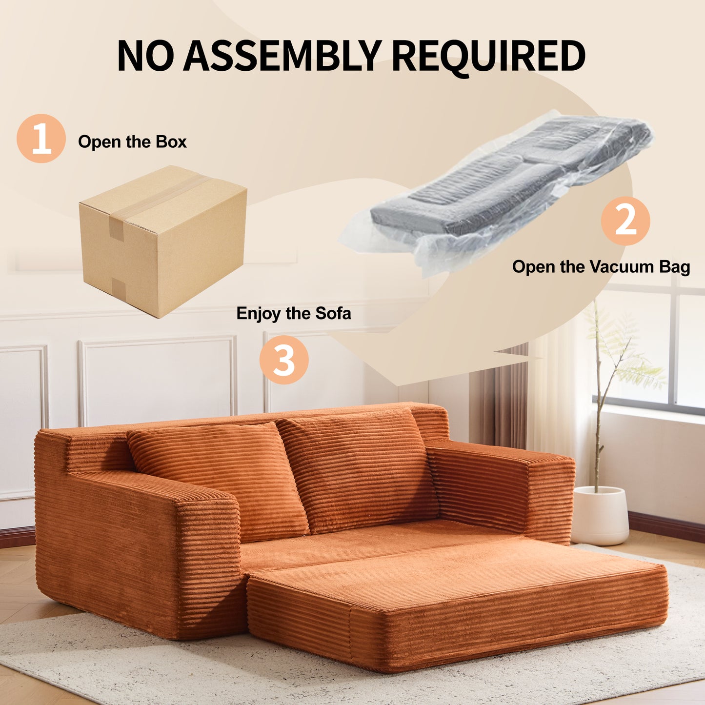 Zweisitzer-Sofa, Bequemes Sofa-Bett mit tiefer Sitzfläche, Modernes kleines Cord-Sofa für Wohnzimmer und Schlafzimmer, Umkehrbares Kissen mit Kissen, Keine Montage erforderlich, Orange