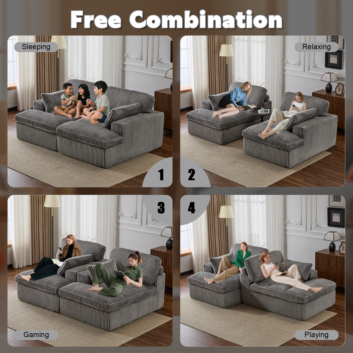 Doppel-Liegestuhl für Innenräume, Überdimensionierter Bezogener Schlafsessel Wolken-Couch, Tief Sitzender Luxus-Sofabett, Sektionale Sofa-Liegestuhl Liebes-Sitz, Corduroy Lesesessel für das Wohnzimmer, Keine Montage erforderlich, Grau