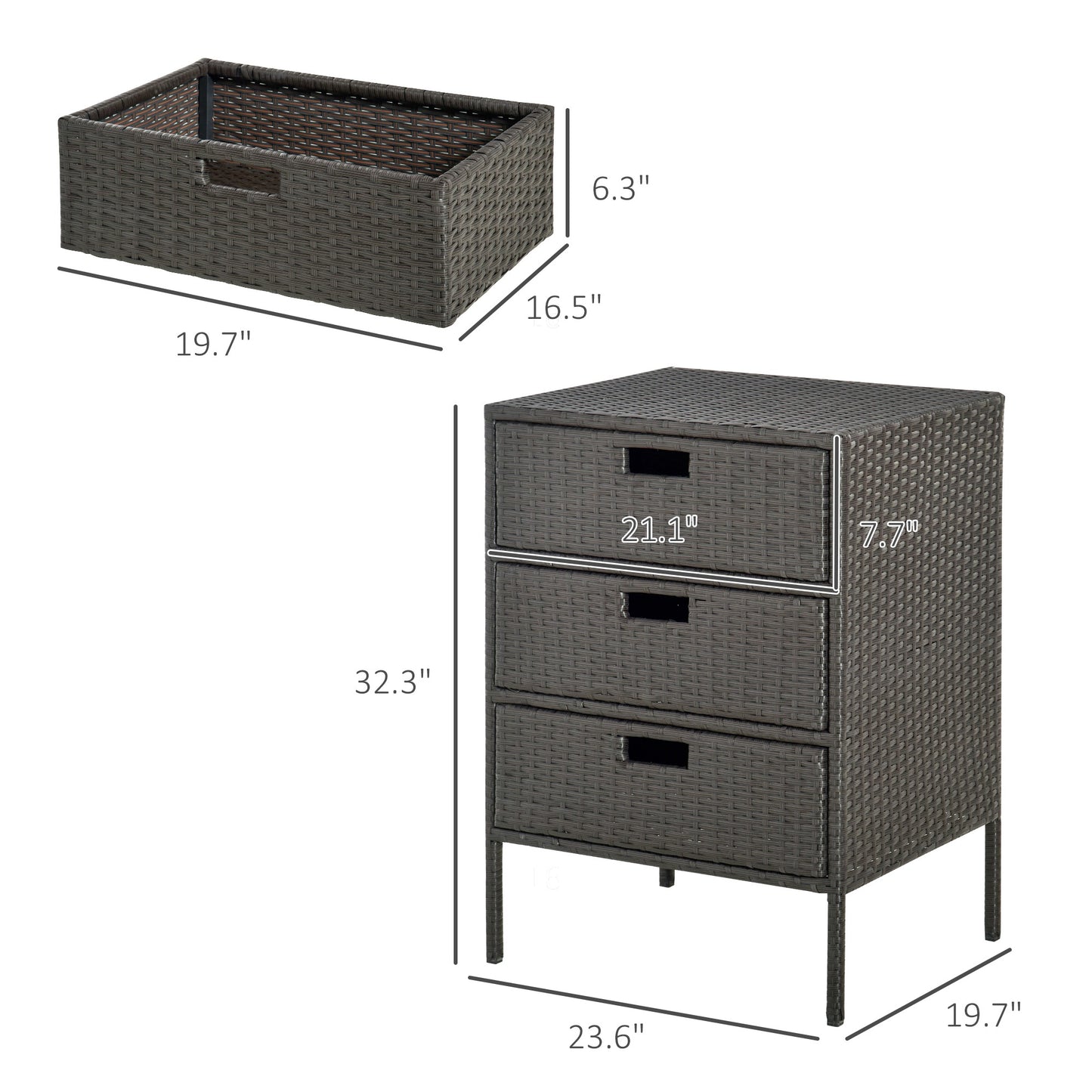 32 Poolside-Rattan-Geflecht-Terrassen-Organizer-Speicherschrank mit 3 großen Schubladen Wetterbeständige Materialien