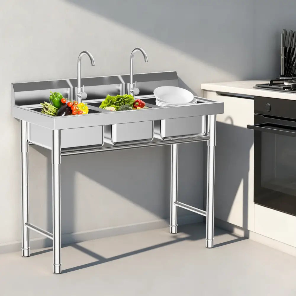 3-Compartment Sink, Stainless Steel Commercial Kitchen Sink with 2 Faucets, Large Laundry Wash Basin for Restaurants, Bathroom