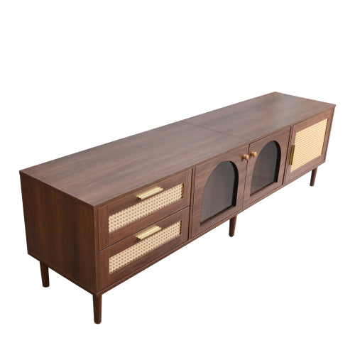 Rattan-Fernsehtisch mit 3 Schränken und 2 Schubladen, Rattan-inspirierter Medientisch für Fernseher bis zu 80 Zoll, LED-Beleuchtetes Unterhaltungszentrum, TV-Schrank für Wohnzimmer, Schlafzimmer, Heimkino
