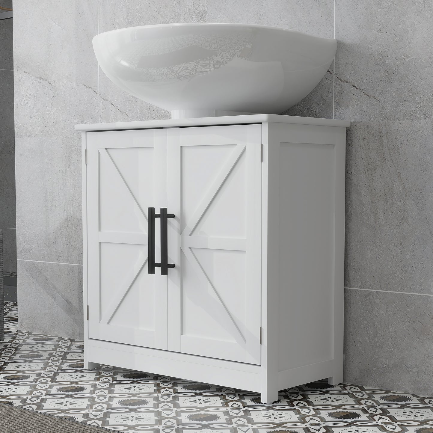Bauernhaus-Piedestal-Waschbecken-Schrank, Badezimmer-Waschbecken-Schrank mit 2 Scheunentüren und einstellbarem Regal, Weiß