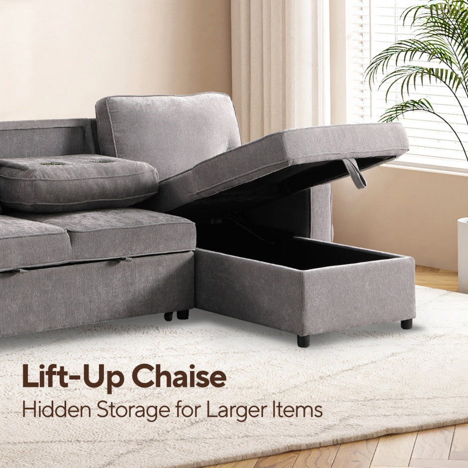 Upholstery Sleeper GREY Sectional Sofa With Storage Space, USB Port, 2 Cup Holders On Back Cushions