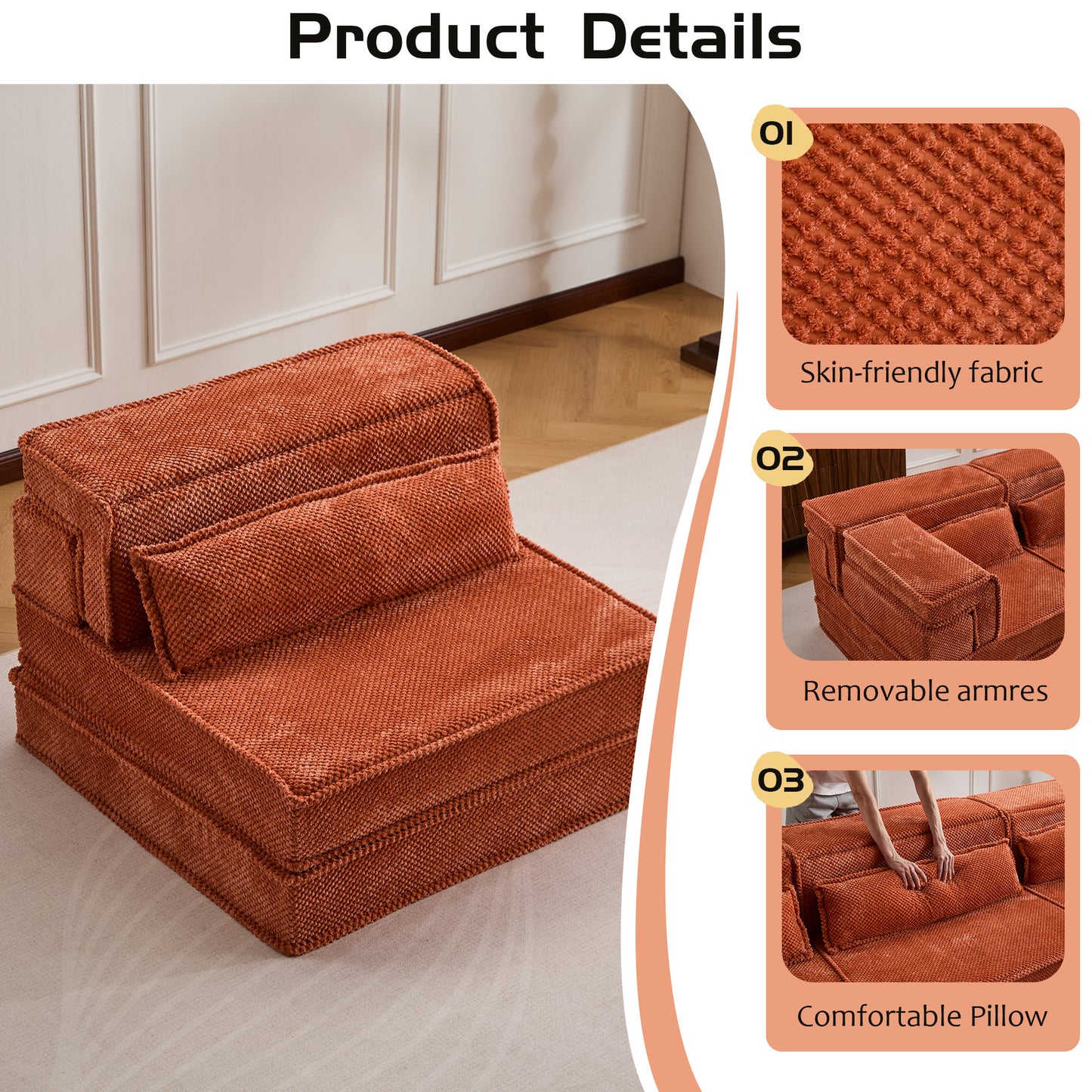 Kompressions-Mahjong-Sofa, Umwandelbares Boden-Sofabett, DIY Knochenloses Modulares Sektionalsofa, Keine Montage Erforderlich, Kreisförmiger Fleece-Stoff, Überdimensioniertes Einzelsofa mit 1 Kissen, Orange