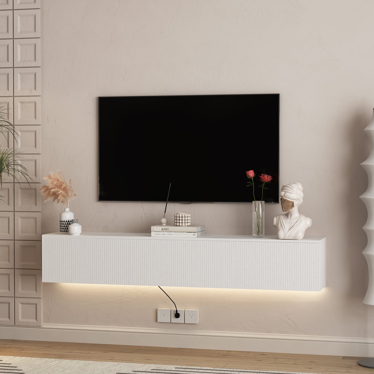 Schwebender TV-Ständer Wandmontiert mit 16-farbigen LEDs, Moderner TV-Ständer, Schwebender TV-Schrank Entertainment-Center für 55 60 65 Zoll TV