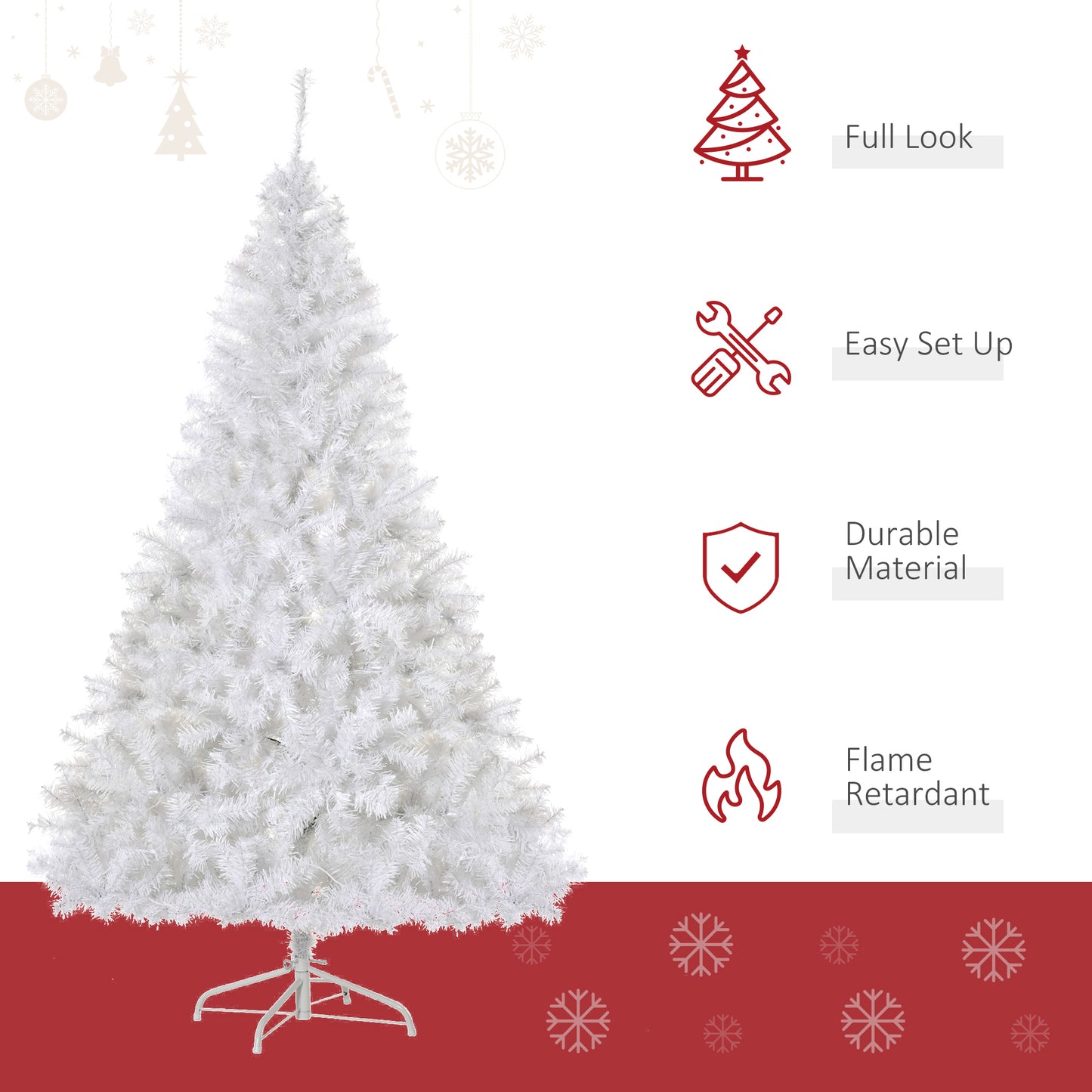 HOMCOM 1,8 m hoher vorbeleuchteter Weihnachtsbaum Douglasie künstlicher Weihnachtsbaum mit realistischen Ästen, 250 warmweißen LED-Lichtern und 1000 Spitzen, weiß