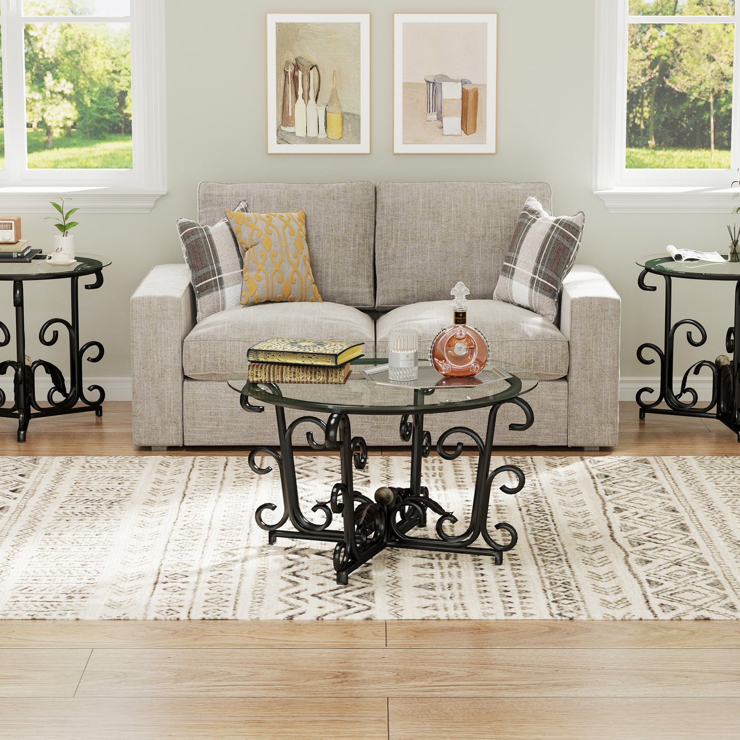 3-teiliges Couchtisch-Set, gehärtete Glasoberfläche mit robustem Metallrahmen – Moderne Wohnzimmer-Sets: 1 Couchtisch, 2 Beistelltische, kratzfest & leicht zu reinigen für kleine Räume, Wohnungen