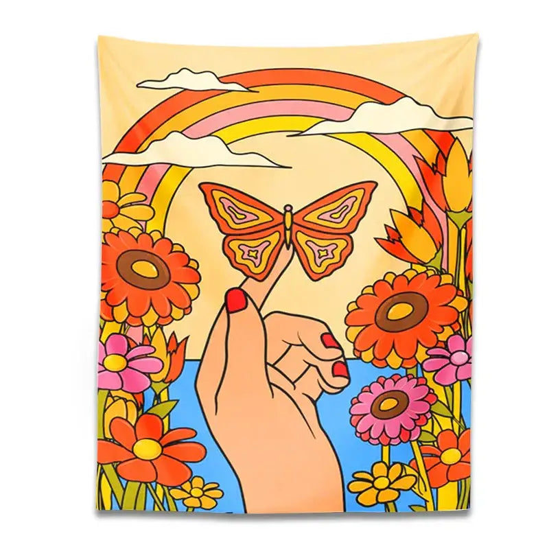 Vibrant 70s psychedelic butterfly rainbow tapestry wall art featuring hand with red nails and bold floral decorbites butterfly rainbow