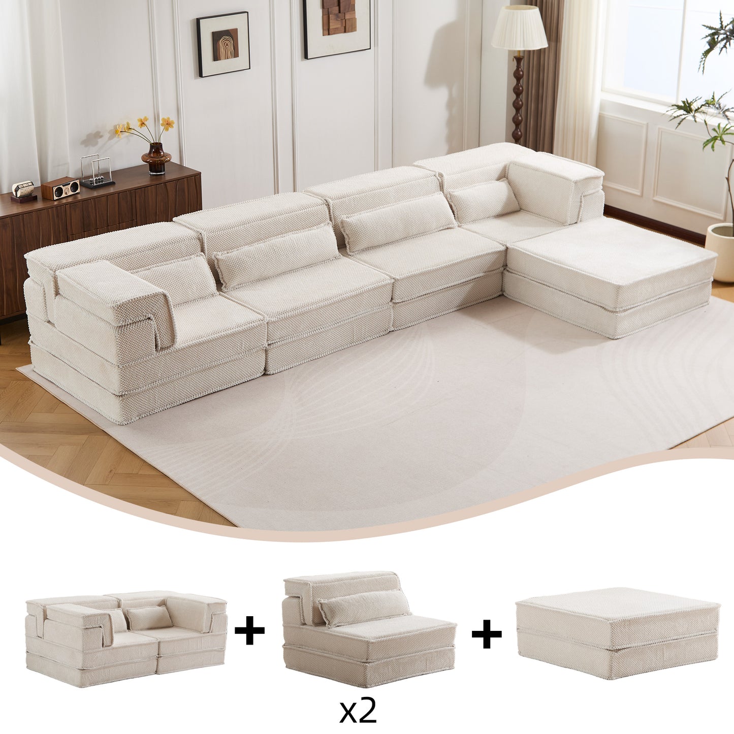 Kompressions-Mahjong-Sofa, umklappbares Boden-Sofabett, DIY knochenloses modulares Sektionssofa, keine Montage erforderlich, Kreisförmiger Fleece-Stoff, Überdimensioniertes 4-Sitzer-Sofa mit 1 Hocker, Weiß
