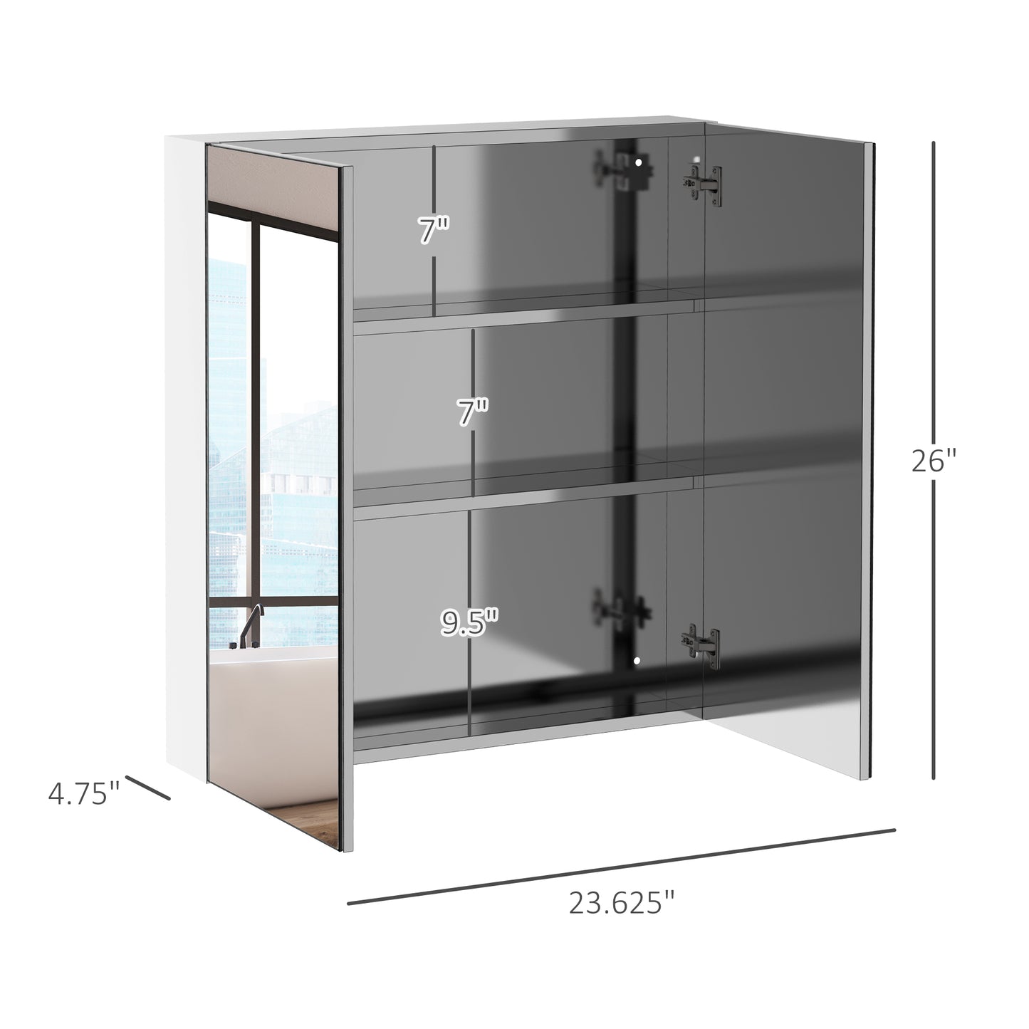 Kleankin Bathroom Medicine Cabinet With Mirror 3-Tier Stainless Steel Storage Silver
