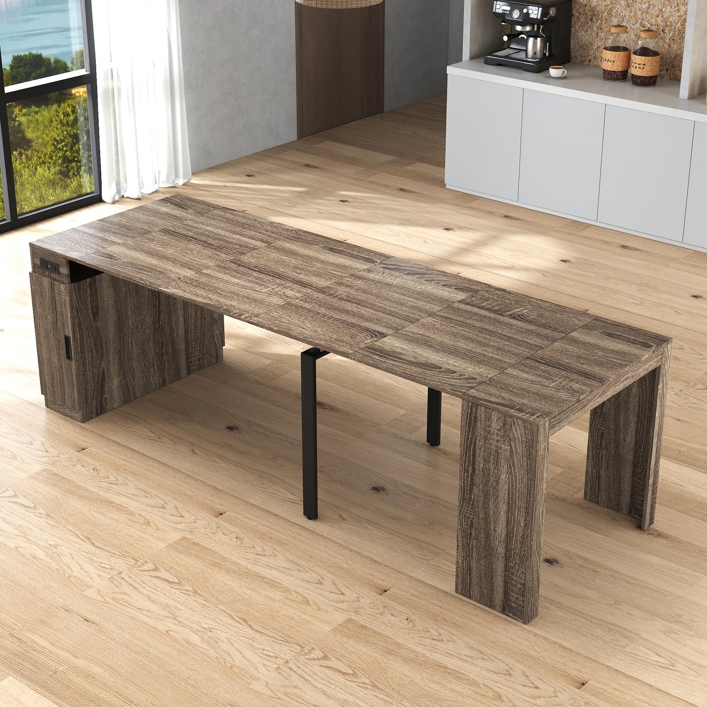 Moderne multifunktionale ausziehbare Esstisch mit Steckdose, platzsparender ausklappbarer Tisch mit Stauraum für Partys, Hochzeiten, Meetings und Feiern