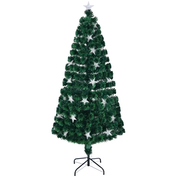 7FT Vorbeleuchteter Glasfaser-Weihnachtsbaum mit großen Sternen, Künstlicher Weihnachtsbaum Fichte grüner Baum mit Metallständer, Voller Baum für Feiertagsdekoration