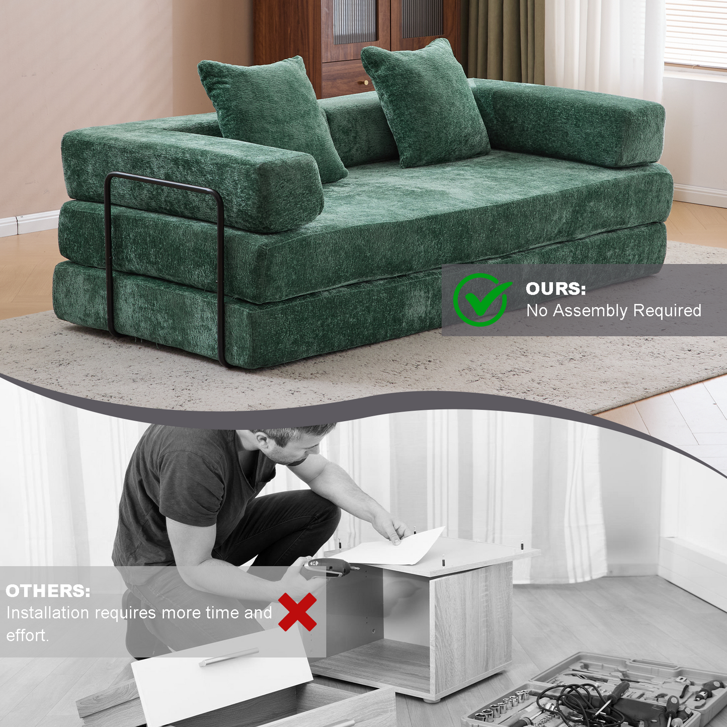 Boden-Couch, Kompressions-Sofa, Umwandelbares Boden-Sofa-Bett – mit Kissen-Rückenlehne und Armlehne, Bequeme Futon-Couch-Liege-Schlafsofa, Chenille-Stoff, für Wohnzimmer und Schlafzimmer, Dunkelgrün
