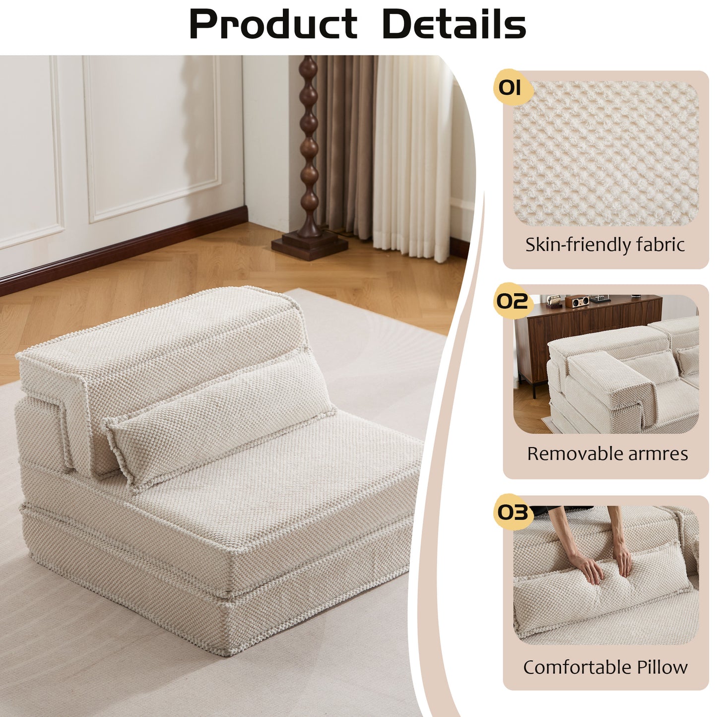 Kompressions-Mahjong-Sofa, Umwandelbares Boden-Sofabett, DIY Knochenloses Modulares Sektionalsofa, Keine Montage Erforderlich, Kreisförmiger Fleece-Stoff, Überdimensioniertes Einzelsofa mit 1 Kissen, Weiß