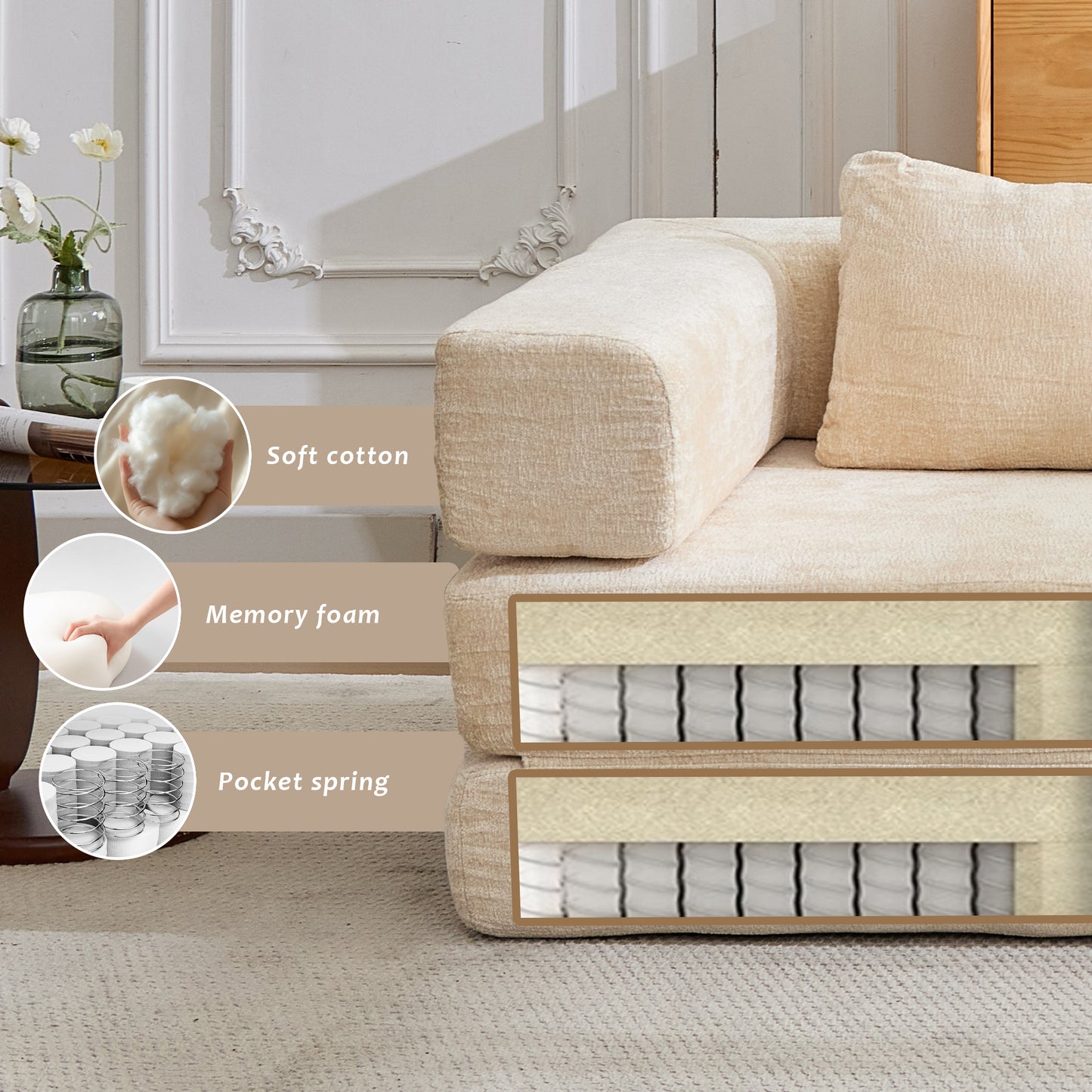 Kompressions-Sofa, Umklappbares Boden-Sofa-Bett mit feststehendem Rahmen, Einzelner Sitzplatz ohne Knochen modularer Sektionssofa, Keine Montage erforderlich, Chenille-Stoff, für Wohnzimmer und Schlafzimmer, Beige