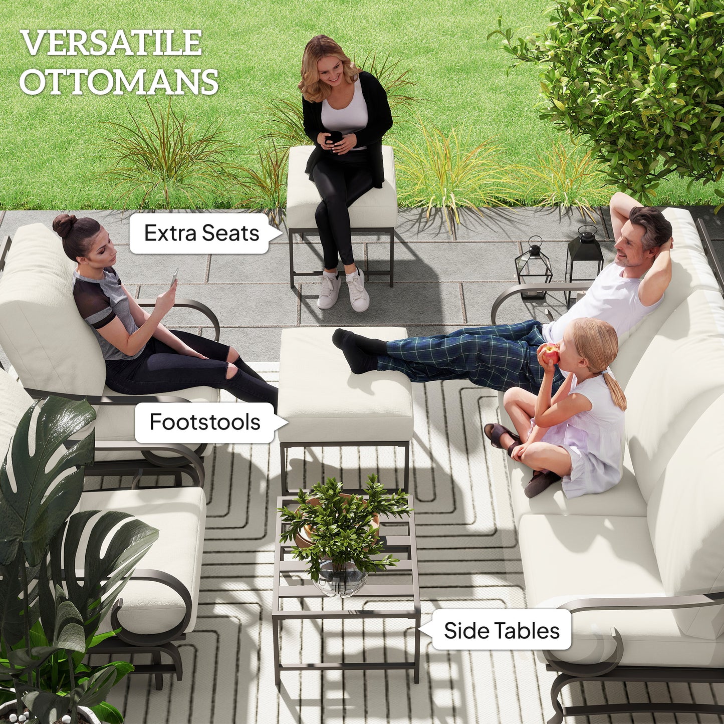 5-teiliges Gartenpatio-Möbelset, Outdoor-Möbelset mit 2 Schaukelstühlen, 3-Sitzer-Sofa und 2 Hocker, Beige
