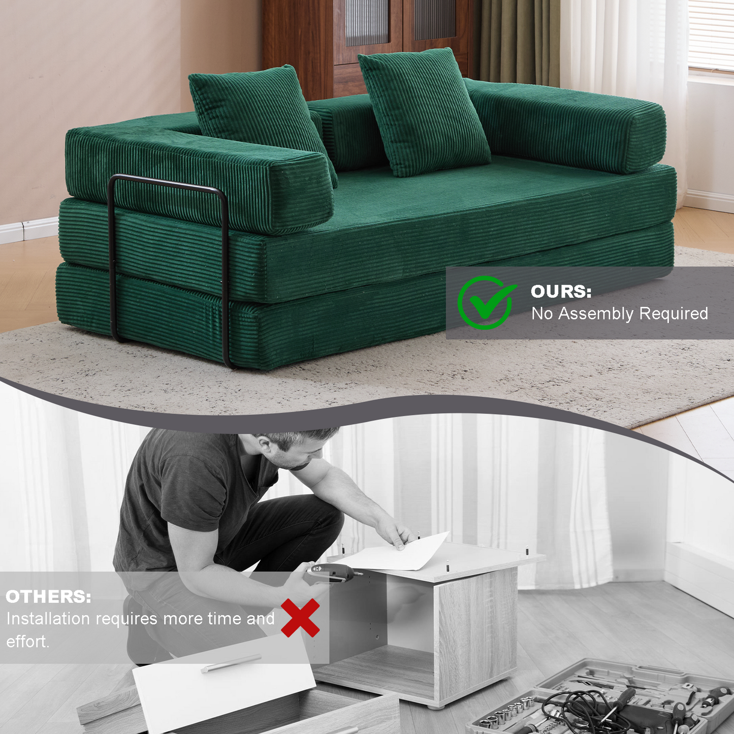 Boden-Couch, Kompressions-Sofa, Umwandelbares Boden-Sofa-Bett – mit Kissen-Rückenstütze und Armlehne, Bequeme Futon-Couch-Liege-Schlafsofa, Corduroy-Stoff, für Wohnzimmer und Schlafzimmer, Dunkelgrün