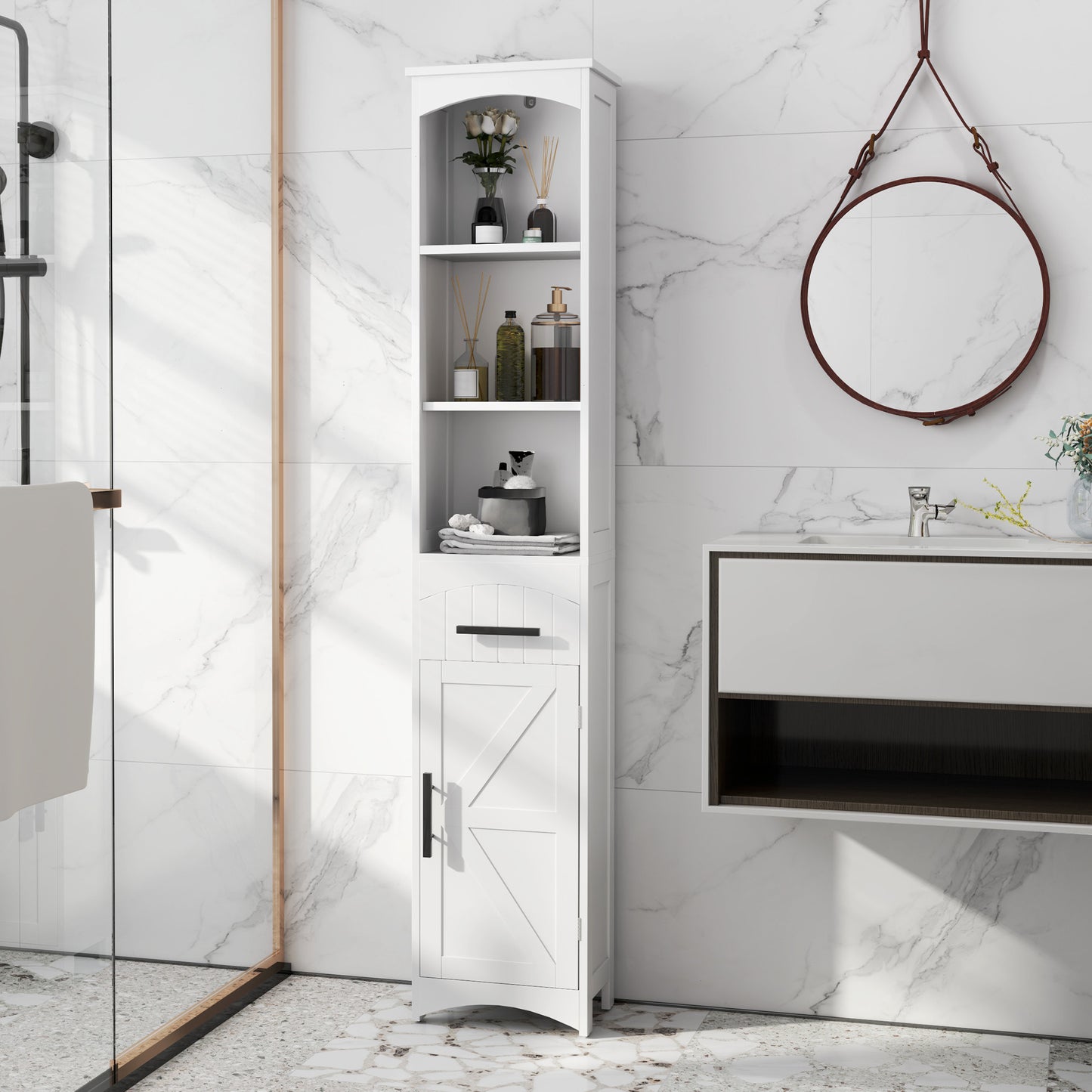 Bauernhaus-Hohes-Schmales Badezimmer-Speicherschrank mit eingelassenem Schubfach