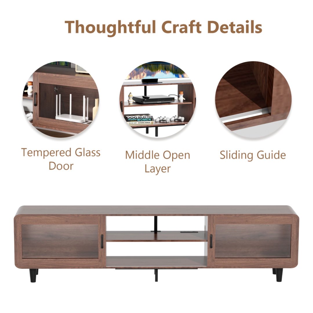 Mid Century Modern TV Stand For 55,60,65,70 Inch TV, Wood Entertainment Center With Power Outlets, Media Console With Sliding Doors And Open Shelf For Living Room, Walnut