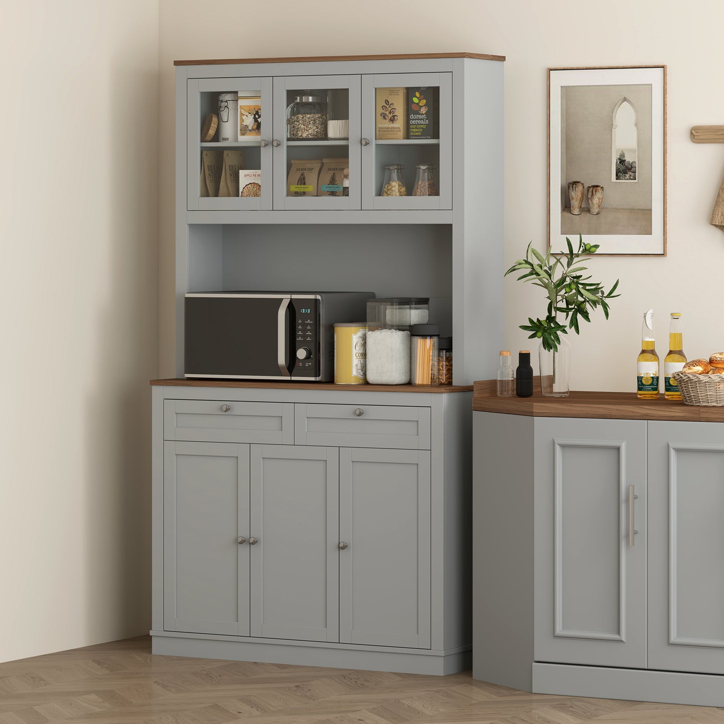 71 Küchen-Speisekammer-Schrank mit Mikrowellenständer, Küchenschrank mit 2 Schubladen und einstellbaren Regalen, Grau