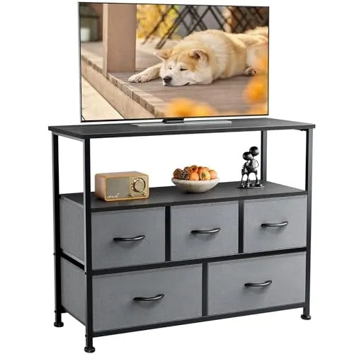 Kommode für das Schlafzimmer, Schubladenschrank, 5-Schubladen-Kommode, Kleiderschrank-Stoffkommode mit Metallrahmen TV-Ständer