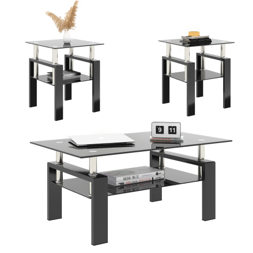 Set aus 2, Modernes Temperglas-Teetisch Couchtisch Beistelltisch, Quadratischer Tisch für das Wohnzimmer, Schwarz