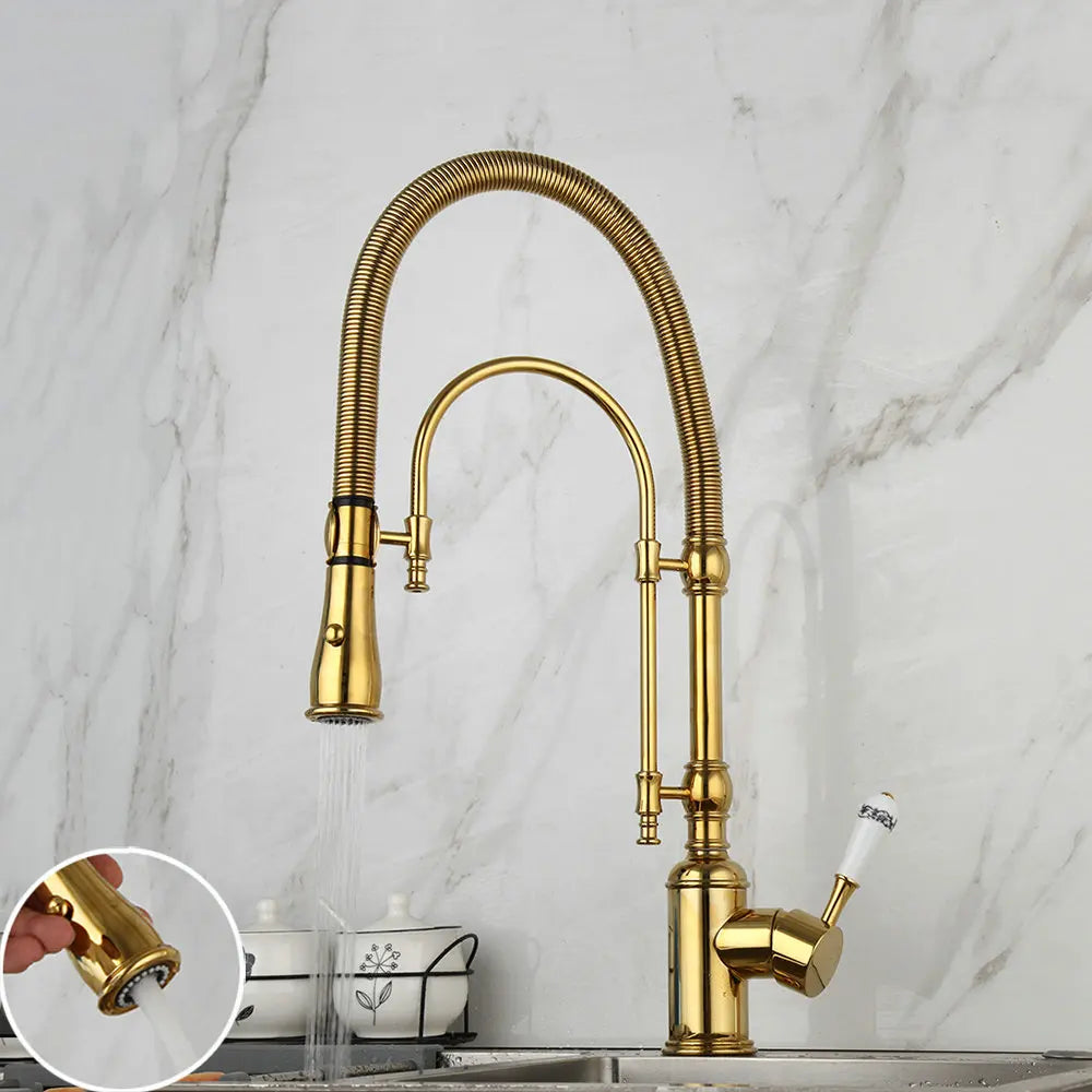 DecorBites™ Golden Kitchen Faucet Vessel Sink Swivel Mixer Tap with Pull Down Spring