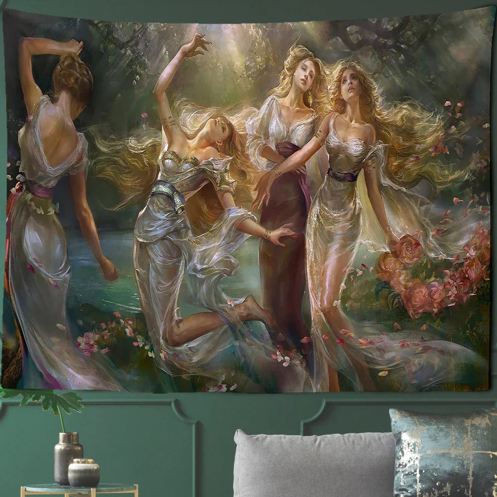 Decorbites™ Gerichtshof-Frau Gotische Architektur Wandteppich-Kunst mit Rosenlandschaft & Tauben