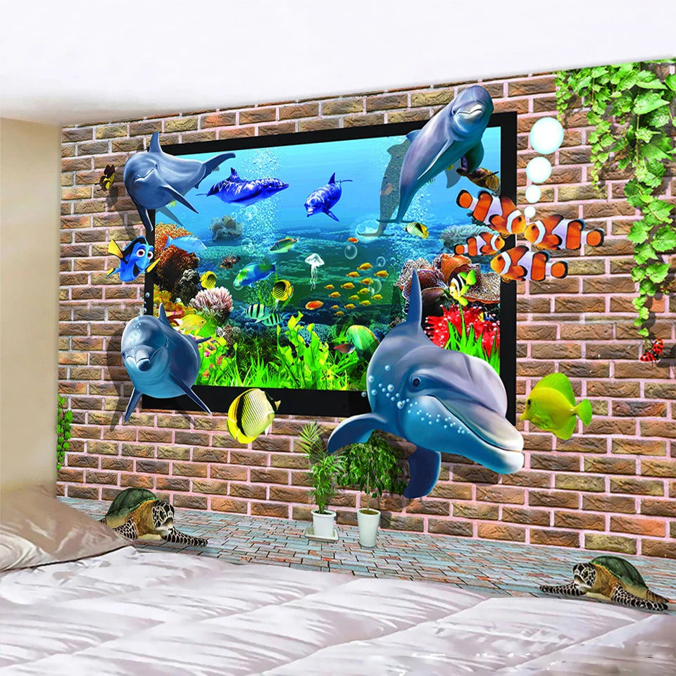 Decorbites™ Delfin-Psychedelische Gobelin: Bohémien Unterwasser-Wandbehang für die Heimdekoration