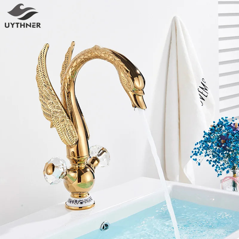 Decorbites™ Gold Swan Beckenarmatur: Aufsatz-Waschbeckenmischer mit Warm- und Kaltwasser