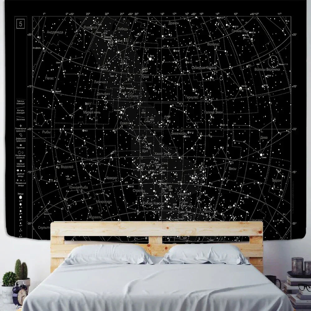 Decorbites™ Interstellare Himmelskarte Sternbilder Wandteppich – Schwarze Galaktische Wanddekoration