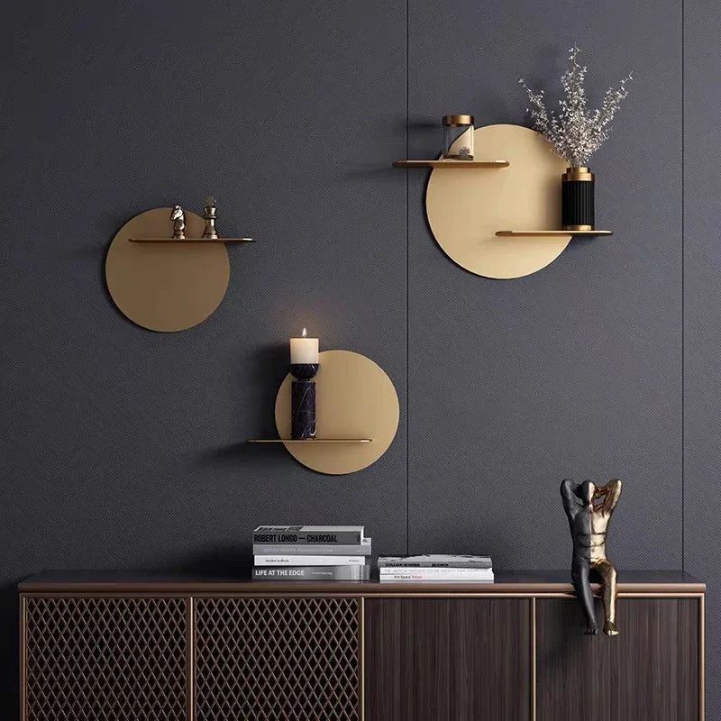 DecorBites™ Gold Metal Round Wall Storage Shelf with Hooks