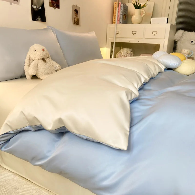Decorbites™ Doppelfarbig blockiertes Eis-Seiden-Bettwäsche-Set für leichten Luxus und sommerlichen Komfort