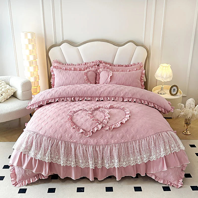 Decorbites™ Koreanische Prinzessin-Stil-Bettwäsche-Set mit Spitzenvolants und Liebesthema