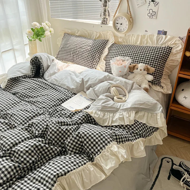 Decorbites™ Koreanisches Gitter-Spitzen-GeWaschene-Baumwoll-Bettwäsche-Set, Gemütliche Steppdeckenbezug Einzelbett Doppelbett Queen-Größe