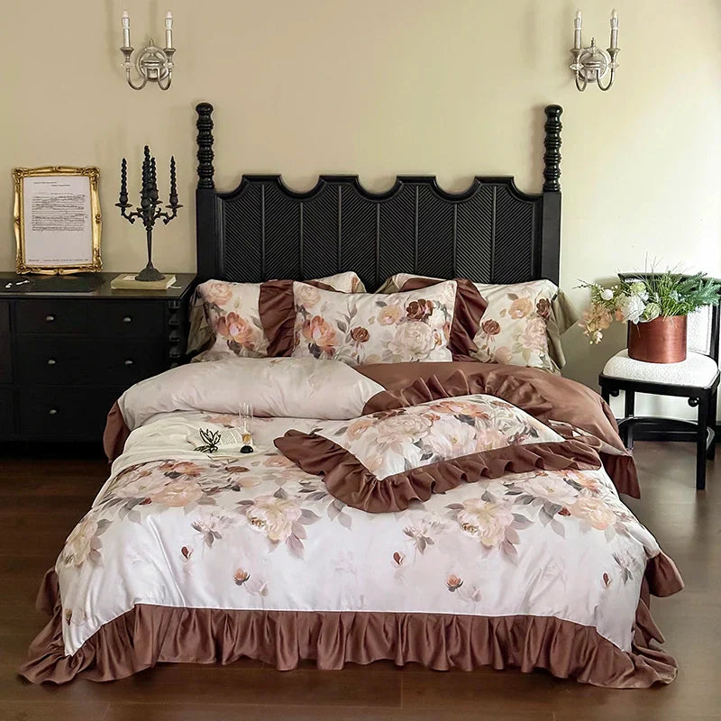 Decorbites™ Französisches Vintage Rüschen-Bettwäsche-Set aus ägyptischer Baumwolle mit Blumenmustern