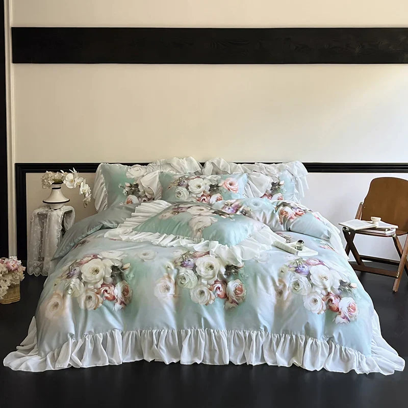 Decorbites™ Französische Blumen-Spitzen-Volants-Bettwäsche-Set: Weiches Seidiges Eis-Seide für Einzel-, Queen- und King-Größen