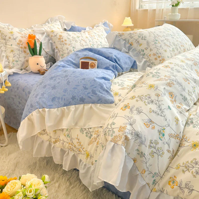 Decorbites™ Koreanische Prinzessin Blumen-Volants-Bettwäsche-Set: Einzel-/Queen-Duvet, Bezug & Kissenbezüge