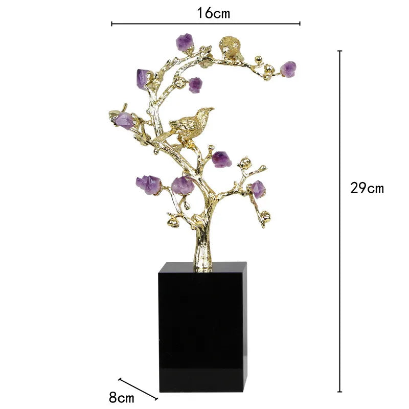 Decorbites™ Goldener Baum Kristallblüte Messing Amethyst Dekoration mit Goldenen Vogel-Figuren