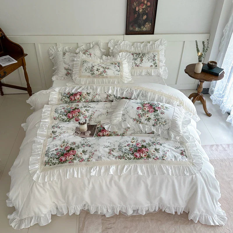 Decorbites™ Französisches Rosenblumenmuster-Bettwäsche-Set, 100% Baumwolle, Rüschen, Daunenbezug, Bettrock