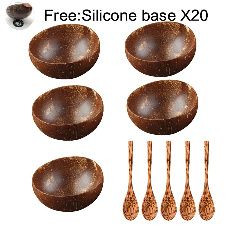 Decorbites™ Kokosnussschalen-Set mit Holzlöffel: Natürliches handgefertigtes Tischgeschirr für Desserts, Früchte, Salate