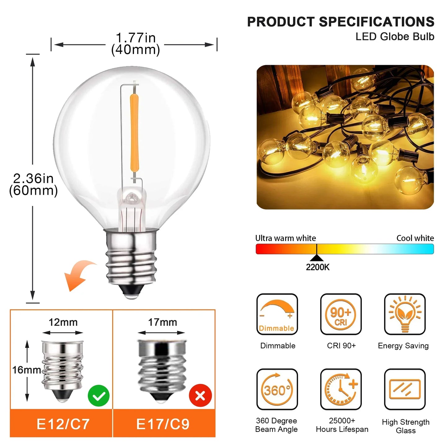 DecorBites™ 25 Stück G40 LED-Lichterkette E12 Schraubgewinde Warmweiß 2200K Amber Glas