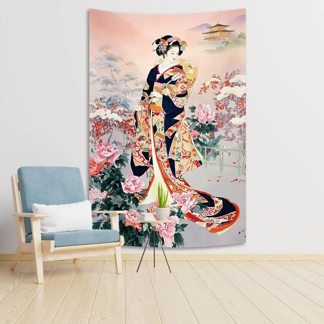 DecorBites™ Geisha in Kimono Tapestry - Sakura Background Home Decor